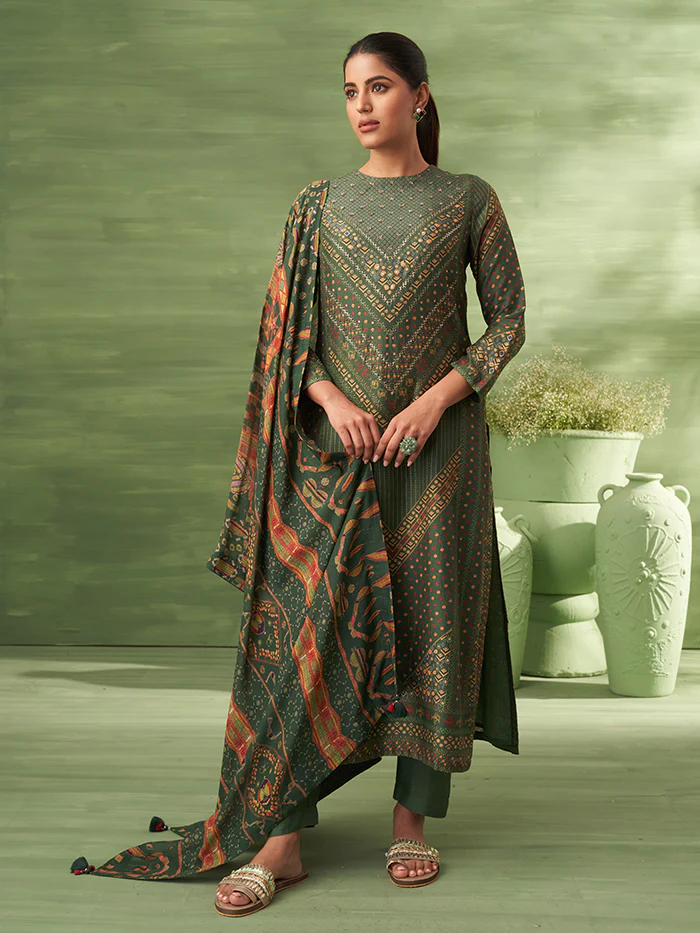 Unstitched Kurta Set - Dark Green