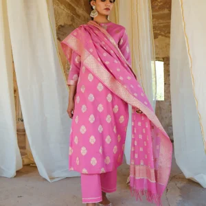 PINK CHANDERI KURTA WITH COTTON PANTS & CHANDERI DUPATTA